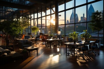 Naklejka premium Corporate office floor with a view through glass walls of employees at work, Generative AI
