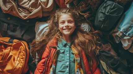 Top view of a young smiling girl in jacket lying surrounded by luggage bags and clothes stacked in stacks. Time to pack, vacation, tourism and travel. - obrazy, fototapety, plakaty