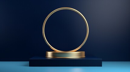 Elegant 3D Render of Three Empty Dark Blue Cylinder Podiums with Gold Borders for Showcase, Presentation, and Awards Ceremony in a Luxury Studio Setting