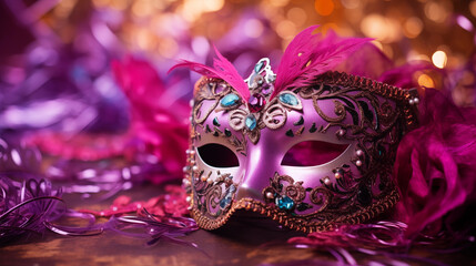 Venetian carnival mask with magenta glitter background copy space on Background. Ai generated Image