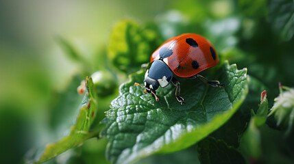 Fototapeta premium Ladybug in the green grass. Macro bugs and insects world.