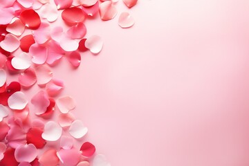 Fototapeta na wymiar Pop, vibrant, Valentine's day background, love, with hearts and rose petals, empty copy space Generative AI