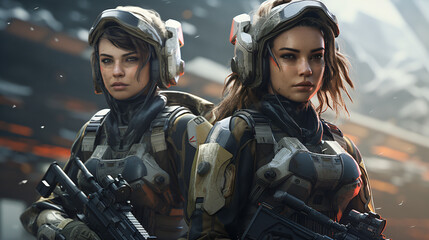 Futuristic female soldiers with hi tech weapons - obrazy, fototapety, plakaty