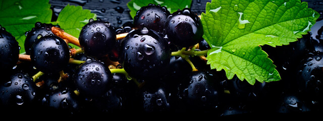There are a lot of wet blackcurrant fruits. Selective focus. - obrazy, fototapety, plakaty