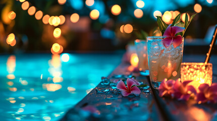 Hawaii mai tai drinks on beach swimming pool bar travel vacation. Pool night party - Powered by Adobe