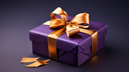 Gift box wrapped in purple paper with a gold bow