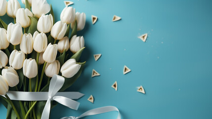 White tulips, hearts and gift box on light blue background. Valentines day banner template, Mothers day card, mockup. Flat lay, top view, copy space. Valentine's day composition