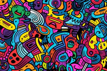 Transform your space into a canvas of imagination with a lively and colorful line doodle seamless pattern background, Generative AI