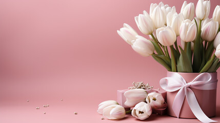 Mother's Day concept. stylish pink giftbox with ribbon bow and bouquet of tulips on isolated pastel pink background with copyspace