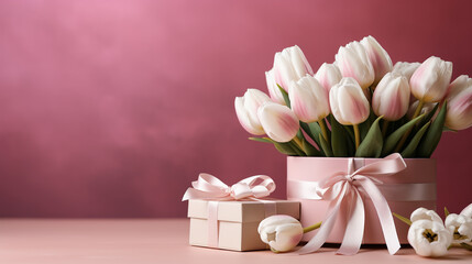 Mother's Day concept. stylish pink giftbox with ribbon bow and bouquet of tulips on isolated pastel pink background with copyspace