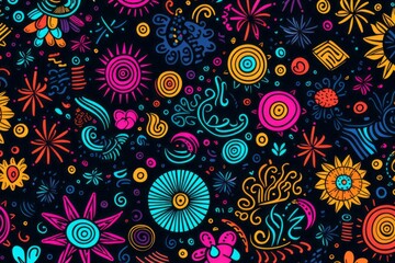 Naklejka premium Unleash a burst of playfulness with a whimsical and lively colorful line doodle seamless pattern background, Generative AI