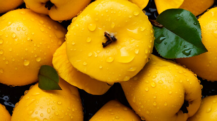 There are a lot of wet quince fruits. Selective focus. - obrazy, fototapety, plakaty
