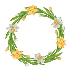 Wreath of daffodils. Watercolor flowers and leaves composition. Spring watercolor vintage round frame. Easter greeting card template