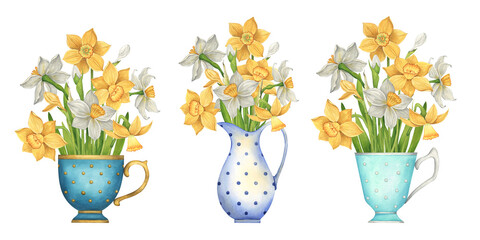 Collection of floral Easter compositions with daffodils. Watercolor illustration of bouquets of flowers in a jug and tea cups on a white background.