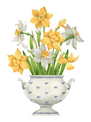 Bouquet of daffodils in a vintage porcelain vase. Watercolor floral rustic illustration. Spring gardening activities