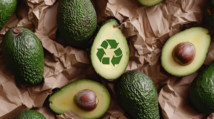 Fresh green avocados featuring a recycle symbol imprint, representing organic food choices and sustainable living. Encourages composting and zero waste after consumption.