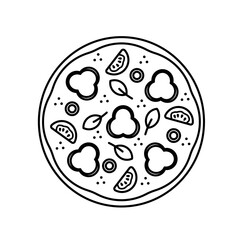 Fototapeta premium Vector whole tasty pizza italian fast food. Vegetarian pizza. Pepper, olive, tomato, basil. Delivery service fast food. Sketch with outline style on white background.