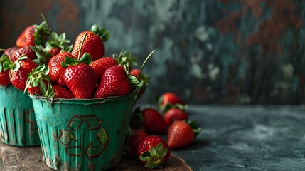 Fresh ripe strawberries in a rustic basket adorned with a green recycle symbol, representing sustainable and organic food practices. - obrazy, fototapety, plakaty