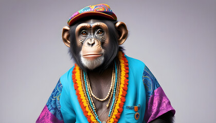 Obraz premium Chimpanzee dressed in hippy clothes. Humanization of animals concept.