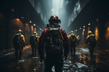 A team of firefighters practicing drills against a slate gray wall, their dedication to readiness evident. - obrazy, fototapety, plakaty