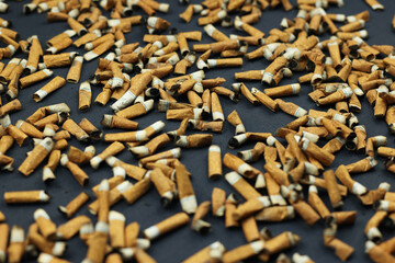 Many smoked cigarettes on a gray background. Smoking can be harmful to your health. Passion for...