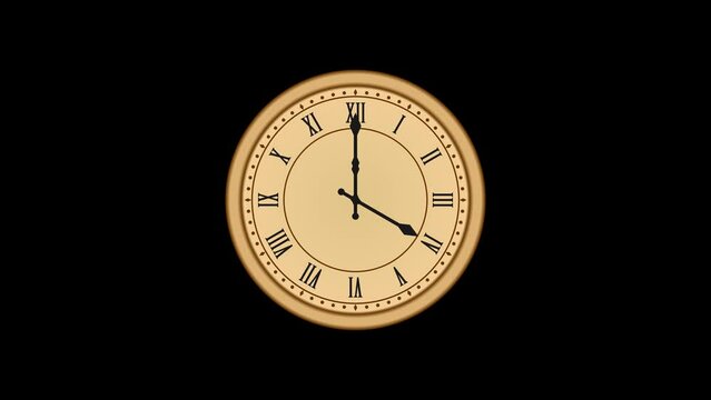 animated clock counting down 24 Hour Day Fast Speed, old clock face. the video containing 2 clips. clock with latin numeral and number numeral. transparent (RGB + Alpha) background.