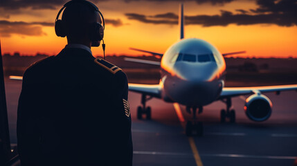 Contented stylish airline captain standing by a landed plane - obrazy, fototapety, plakaty