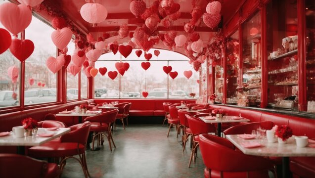 Valentine's day cafe interior with heart shaped balloons and red chairs