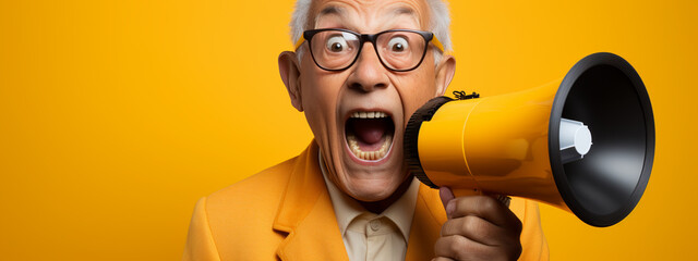 Excited old man making an announcement through megaphone, close to camera
