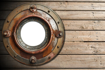 Closeup of a metal porthole of a nautical vessel made of rusty iron, on a wooden boardwalk with sand and copy space. Isolated on white or transparent background, png. Generative Ai.