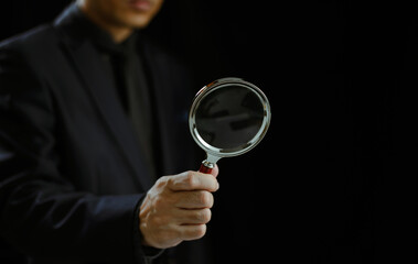 Man use magnifying glass. Businessman search for top sale seo, digital data information. Human Resource Management HRM concept. Inspector find team target. Leadership discover recruitment analysis.