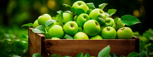 Harvest of green apples in a box in the garden. Selective focus.
