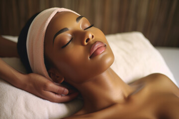 Women enjoying face massage in spa, in the style of black arts movement, minimalist, , high definition, womancore, recycled, soft-edged

