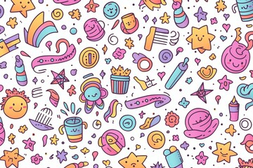 Express your creative spirit with a whimsical and colorful line doodle seamless pattern background, featuring doodles, Generative AI