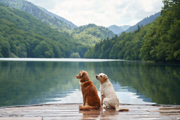 A Nova Scotia Duck Tolling Retriever and a Labrador sit by a calm lake, a duo in adventure. Dogs...