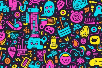  Immerse yourself in a world of imagination with a vibrant and fun colorful line doodle seamless pattern background, Generative AI - obrazy, fototapety, plakaty