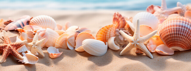 Obraz na płótnie Canvas shells on the sand on the seashore. Selective focus .