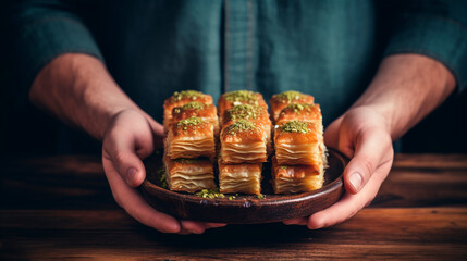a plate of baklava in the hands of the cook. Selective focus. - obrazy, fototapety, plakaty
