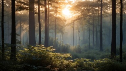 Fototapeta na wymiar sunrise in the forest and beautiful plants