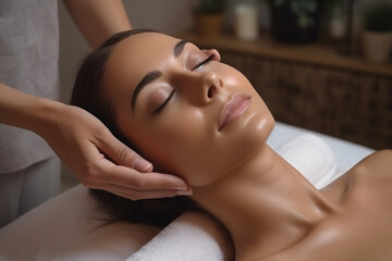 A woman is getting facial massage at a spa beauty salon, in the style of large canvas format, soft-focus, rounded, glossy finish, light gray, striped, subtle

 - obrazy, fototapety, plakaty