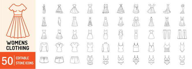 Women’s Clothing editable stroke outline Icons set. Saree, wedding dress, sleeveless, casual, babydoll dress, bridal gown, sundress, legging, pants and bra. Vector illustration - obrazy, fototapety, plakaty