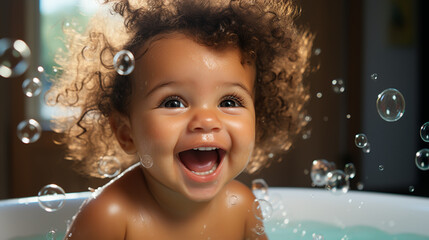 Cute little baby sitting in white bathtub with foam and soap bubbles. Taking bath and playing with toys. Baby hygiene.