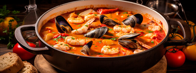 bouillabaisse with mussels in a plate. Selective focus. - obrazy, fototapety, plakaty