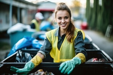 Young pretty girl volunteer in rubber gloves sorts garbage into containers on the street. Cleaning concept, waste collection and distribution, care for the environment. Ecological problem