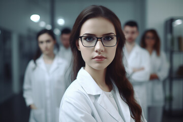 Portrait of a doctor. Beautiful young woman scientist wearing white coat and glasses in modern Medical Science Laboratory.