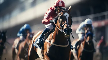 Foto op Canvas Two jockeys during horse races on his horses going towards finish line. Traditional European sport. © alexkich