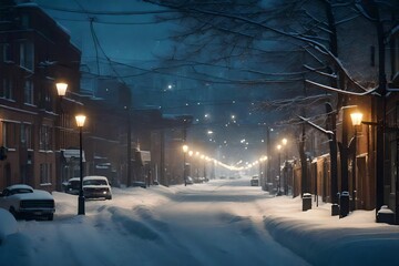 Midnight Frost: Snow-Covered Street in the Stillness of Night - Glistening Serenity, Urban Quietude, and Aesthetic Charm | Winter's Magical Embrace.
