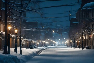 Frosty Night Drive: Snow-Covered Road Street in the Silence of Night - Winter's Tranquil Beauty...