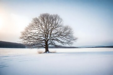 Winter Solitude: Lone Tree Standing Amidst the Snow - Majestic Isolation, Nature's Resilience, and Aesthetic Simplicity | Serene Beauty in a Frosty Landscape.