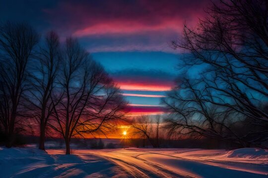 Winter's Canvas: Sunset Painting Patterns in the Sky - Nature's Palette Unveiling a Spectacular Show of Colors and Aesthetic Elegance | Tranquil Winter Evening Beauty.